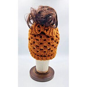 Womens Gold Crochet Ponytail Messy Bun Beanie WITH BOW Handmade Soft Hat #1785